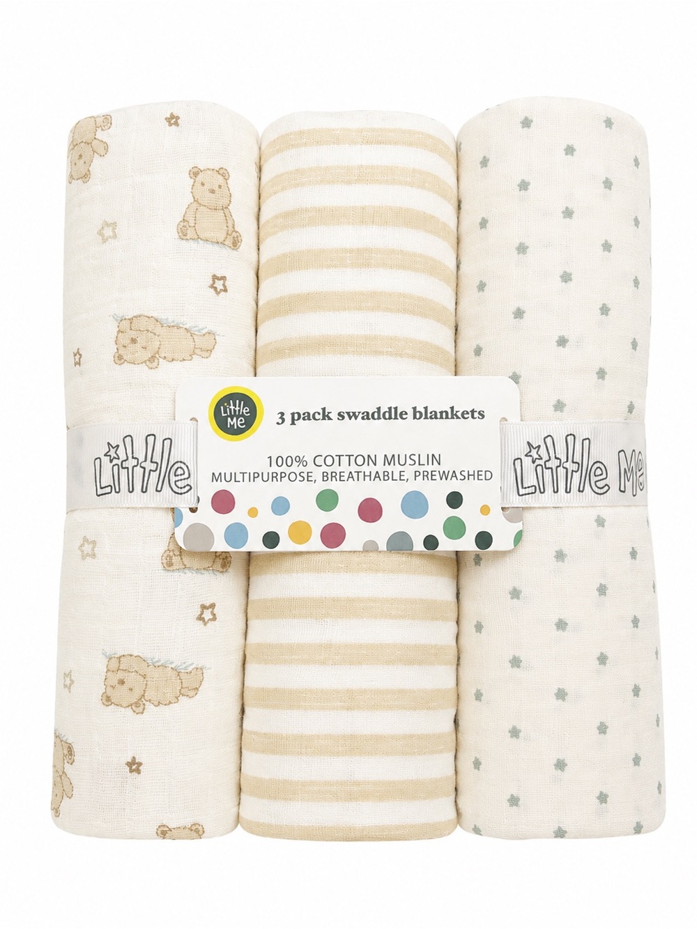 Little Me 3-Pack Muslin Swaddle Blankets - Beige, Cream & Light Green